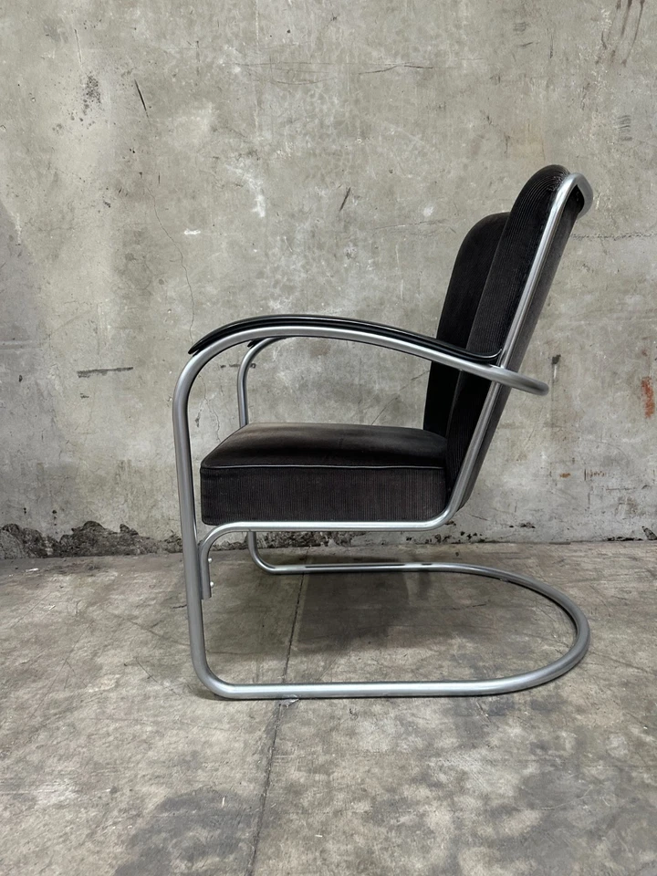 W.H. Silla Voladiza Gispen Art Deco Tubular Cromo Pana MCM Salón Foto 2 de 4