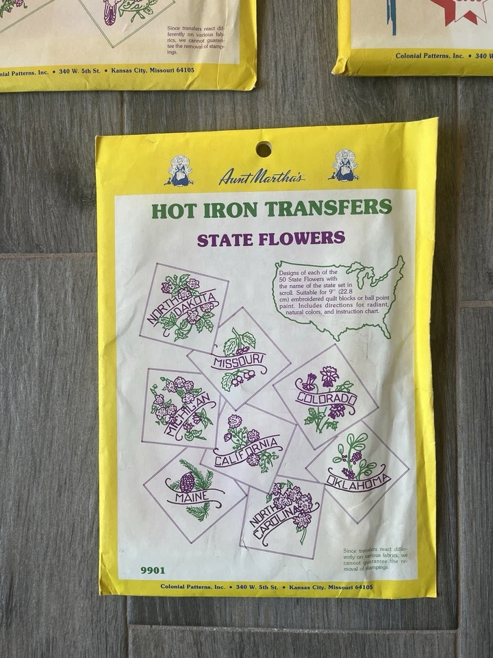 Lot 3 Aunt Marthas State  BIRDS FLAGS FLOWERS Hot Iron Transfers  #9901 626 C700 - Image 2 of 4
