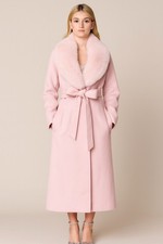 Cappotto lungo donna rosa pelliccia collo cintura pelle elegante invernale trench soprabito