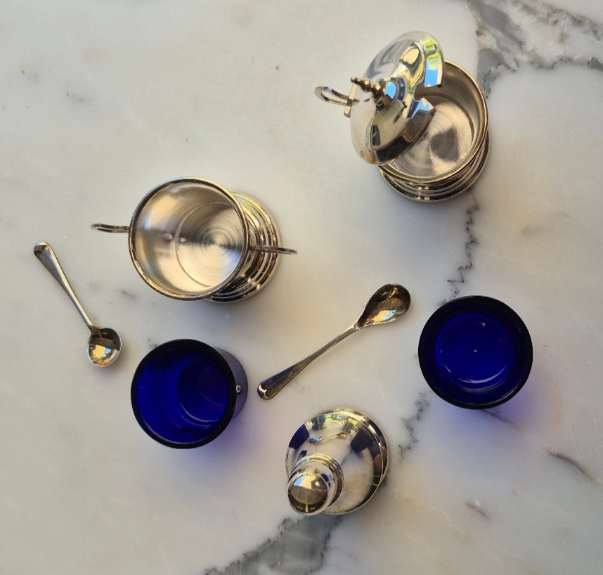 5 Piece English Sterling Silver Condiment Set, Cobalt Liners - In Original Case