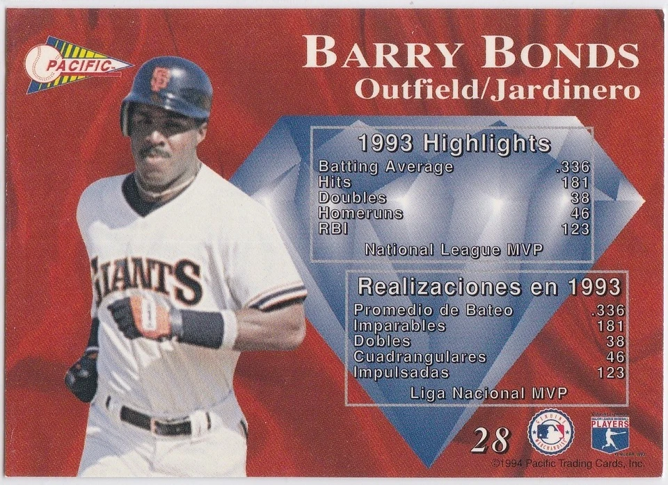 Tarjeta de béisbol #28 MLB BARRY BONDS 1994 Pacific PRISM INSERT Gigantes de San Francisco Foto 2 de 2