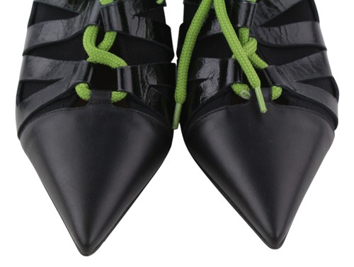 EMPORIO ARMANI Women Heels EU37 Black Leather Pointed Toe Green Drawstrings - Picture 4 of 12