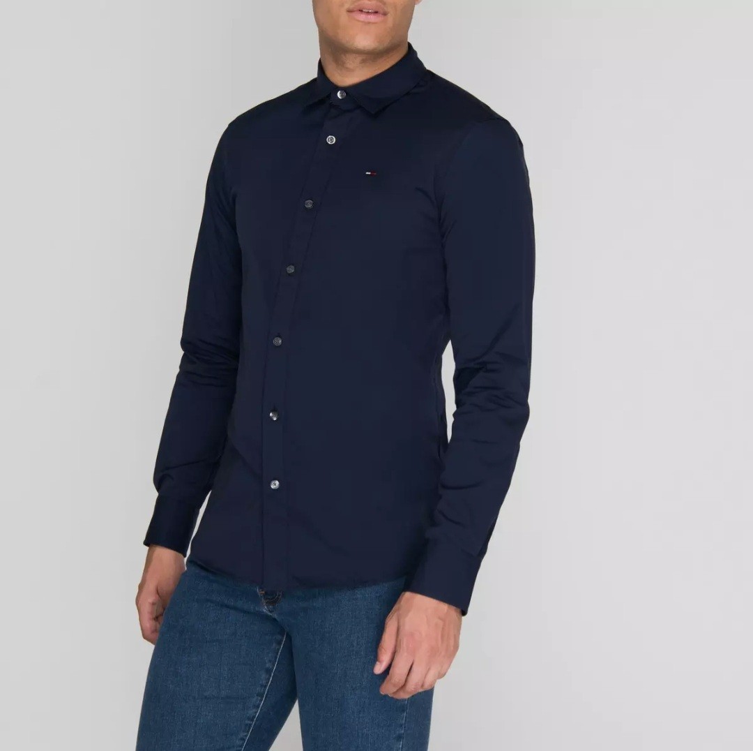 Tommy Jeans Men’s TJM Original Stretch Shirt Long Sleeve Slim Fit Navy Blue XS