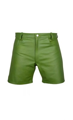Mens,Cow Leather Shorts GREEN Casual 5 Pockets Short Zipper Fly Real Leather