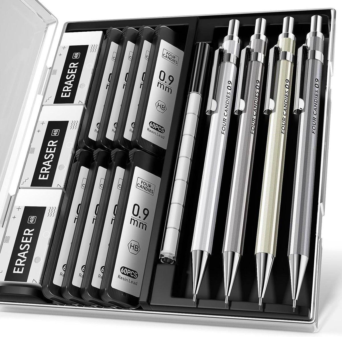 Four Candies 0.9mm Metal Mechanical Pencil Set with Case 4 Count