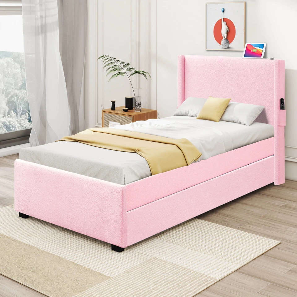 QUADRO DE CAMA ESTOFADO TAMANHO TWIN ROSA com CAMA DE RODÍZIO, TECIDO DE PELÚCIA, FUNCIONAL USB - Imagem 2 de 4
