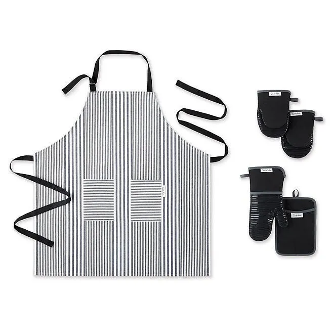 French Striped Organic Apron, Oven Mitt, & Pot Holder Set