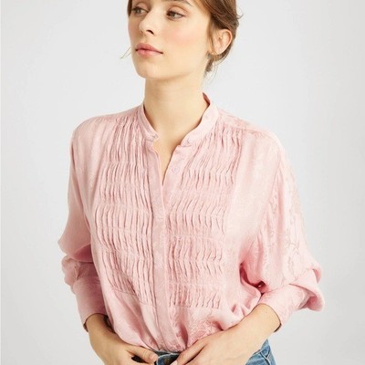 NEW Mille Sz Medium Pink Floral Jacquard Keaton Tuxedo Top Pleated Tunic Boho
