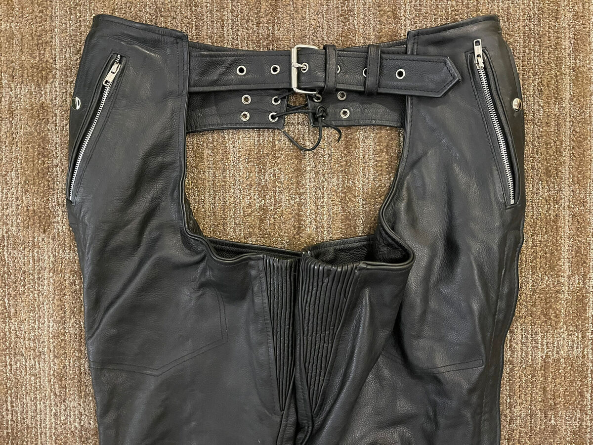 Unik International Black Leather Traditional Biker Jacket (48) and Chaps(L)  Set