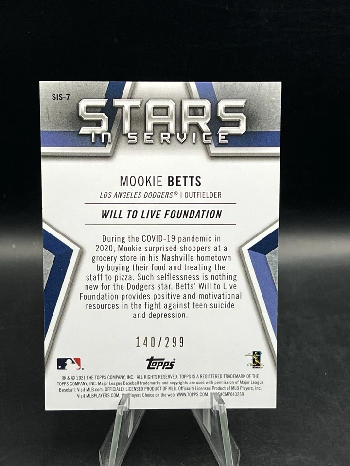 2021 Topps Series 1 Mookie Betts Stars In Service Black /299 #SIS-7 LA Dodgers - Image 2 of 2