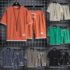 Summer Men's Two Pieces Set Linen T-Shirt  Shorts Set Casual Mens Sports Su