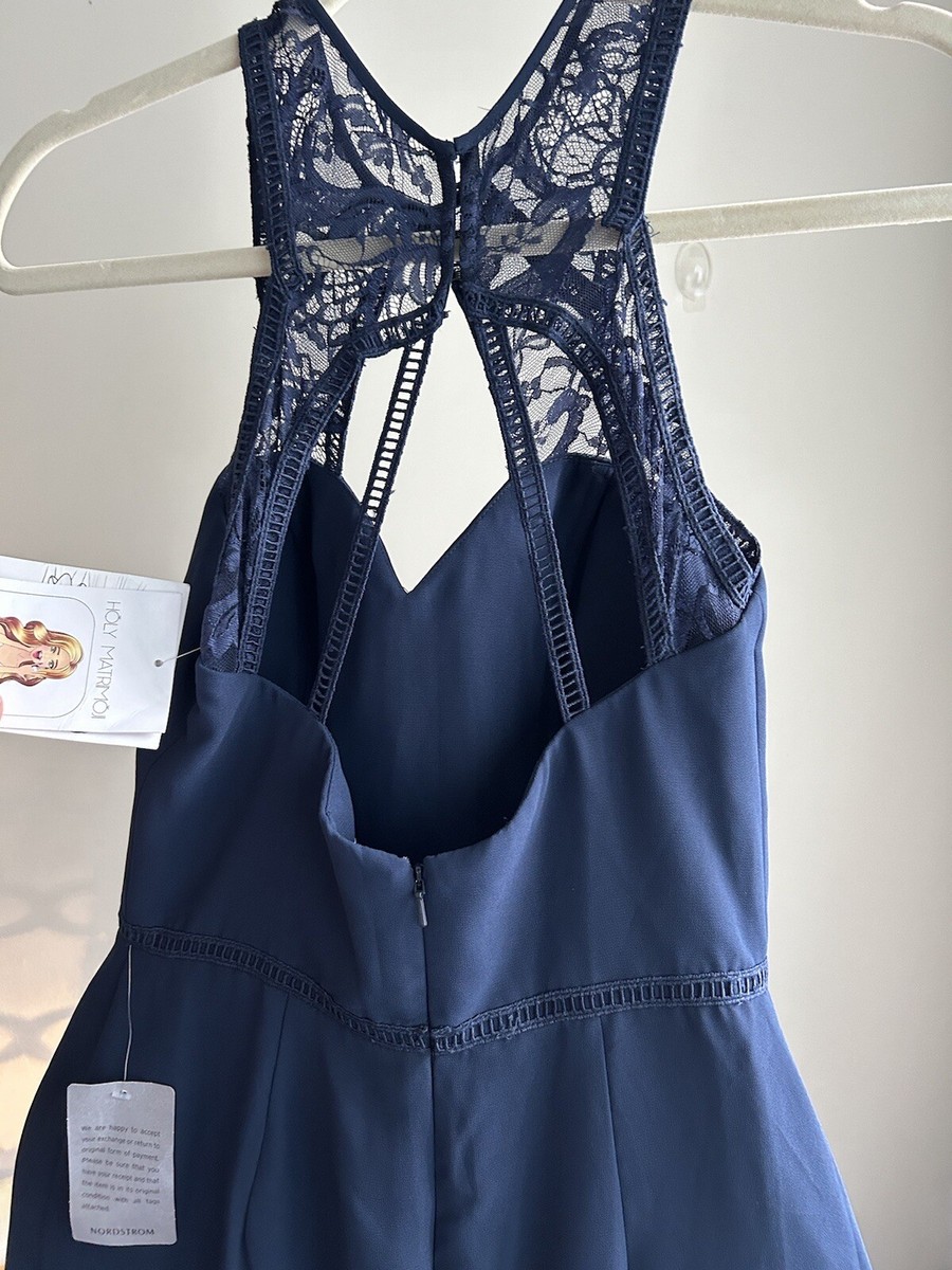 hayley paige blue dress Hayley Paige Navy Blue Lace Illusion Open Back Evening Formal Dress Gown  Size 0
