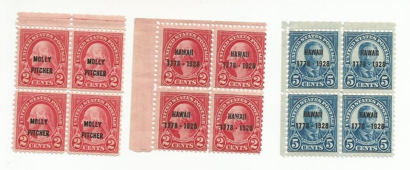 USA SCOTT 646 647 648 MNHOG BLOCKS OF 4 FOUR HAWAII 1928 MOLLY PITCHER 