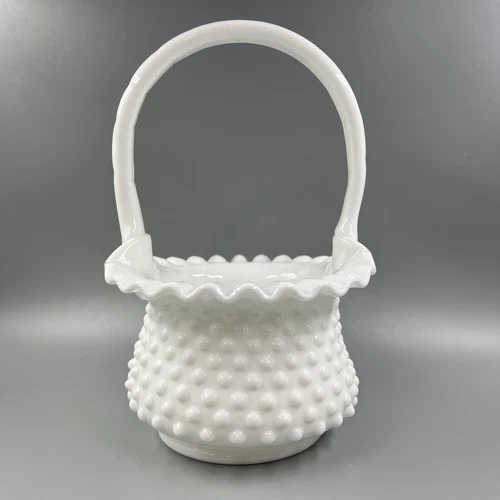 Large Vintage Fenton Hobnail Milk Glass Basket & Ruffled Edge 10” x 7”