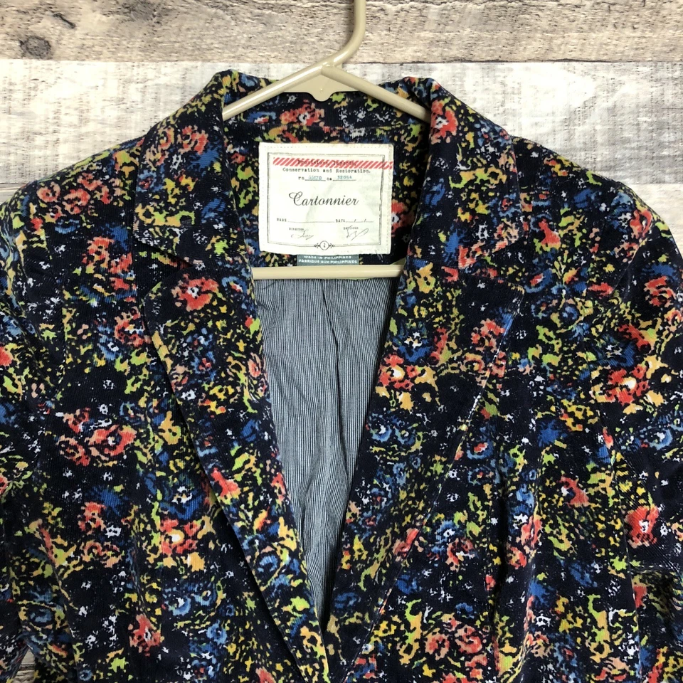 CARTONNIER for ANTHROPOLOGIE Floral Corduroy Blazer Peplum Back Blue Sz 2 - Image 3 of 4