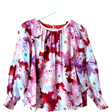 Portmans Pink Floral Balloon Sleeve Linen Blouse Womens Size 8 Oversized Top