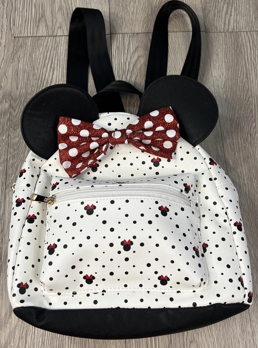 BIOWORLD Minnie Mouse Faux Leather Backpack with Bow DISNEY MINNIE Mouse BLACK W/ RED BOW Convertible Backpack  main image 3