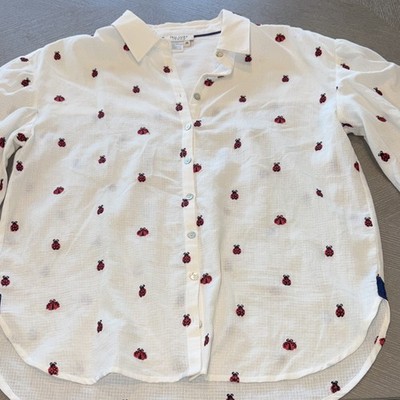 Tru Luxe Jeans White Ladybug Animal Print Collared Button-Up Long Sleeve M