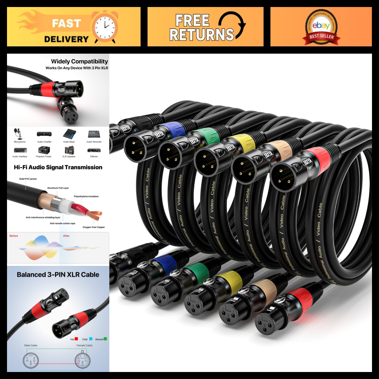 10ft XLR Cables 6-Pack - Male to Female Microphone Audio Cable Set, Pro Quality