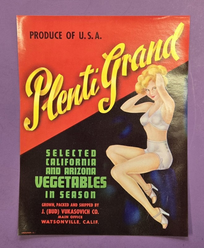 Vintage Original Label, 1940s Plenti Grand Vegetable Crate label, Pinup girl 