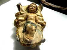 Antique Baby Jesus in manger hand painted paper mache nativity figure READ