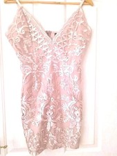 Pretty Little Thing Pink Embroidered Lace Plunge Fitted Bodcon Dress Uk 12