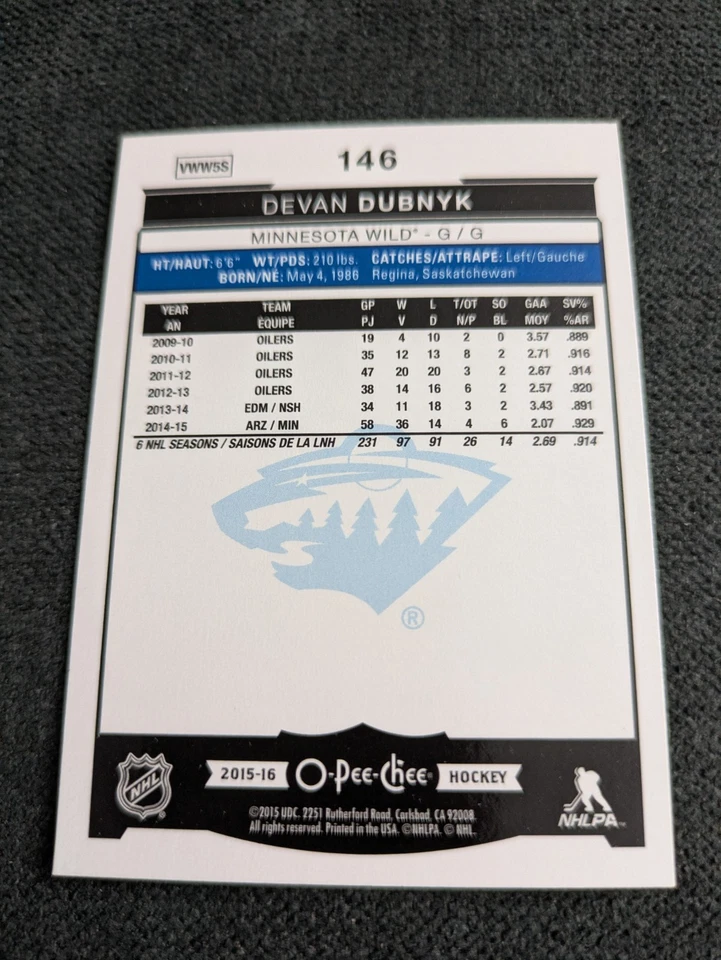 2015-16 O-Pee-Chee Devan Dubnyk #146 Minnesota Wild - Image 2 of 2
