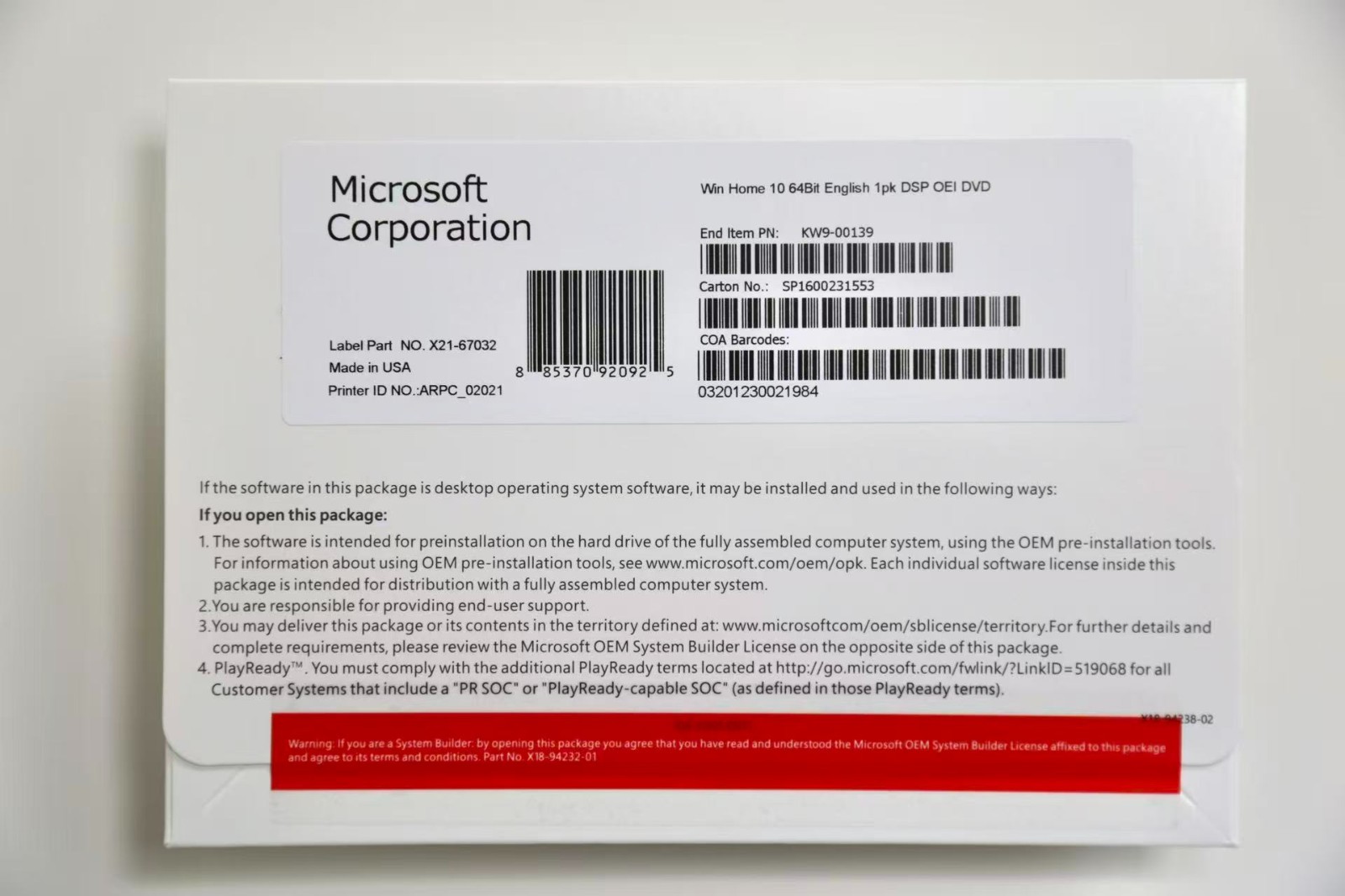 Windows 10 Home 64-Bit DVD and Key Free shipping
