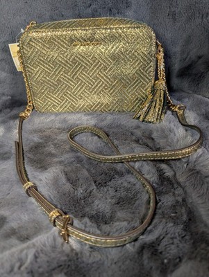 Michael Kors Ginny Medium Camera Crossbody Bag Gold Metallic Leather Purse NWT