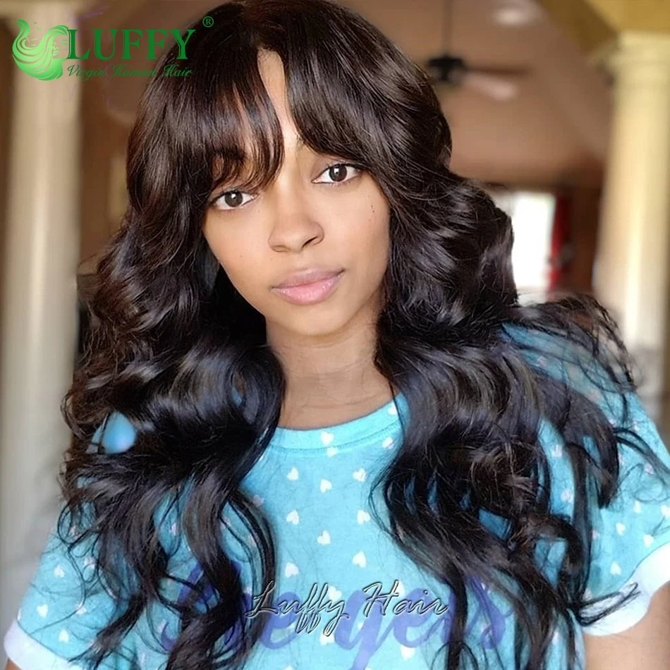 Peluca de cabello humano Body Wave con flequillo brasileño Remy O cuero cabelludo superior hecha a máquina Foto 3 de 4