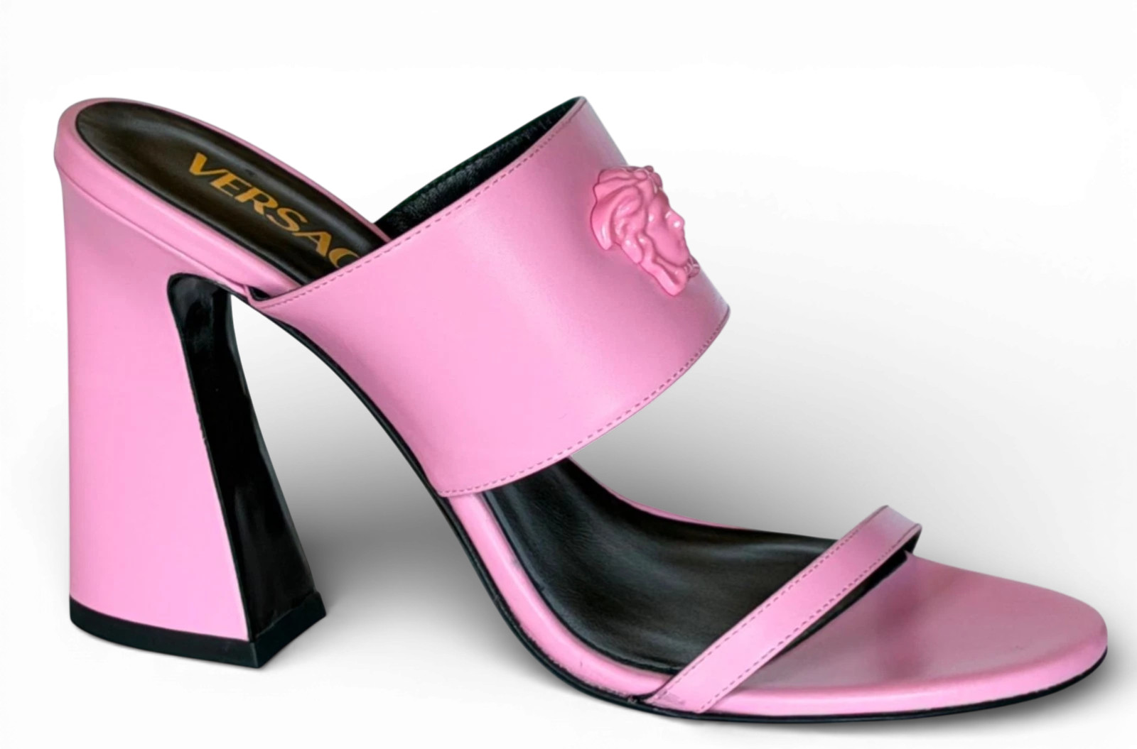 Versace Pink Leather Geometric Heel Slide Sandals Shoes Medusa 39 US 9 NIB thumbnail 4