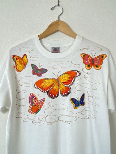 Vintage 80er Handarbeit Applikation Glitzer Pufffarbe SCHMETTERLING weiß T-Shirt Top 1980s - Bild 2 von 17