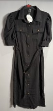 LADIES BOOHOO SIZE 12 BLACK PUFF SLEEVE UTILITY MIDI BELTED SHIRT DRESS BNWT