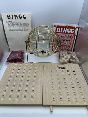 Deluxe Bingo Game Set Wooden Balls Chips Wire Cage Cards Storage Box Complete