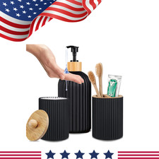 Bathroom Countertop Organizer Set Bamboo Black/White Soap Dispenser  Cotton Jar