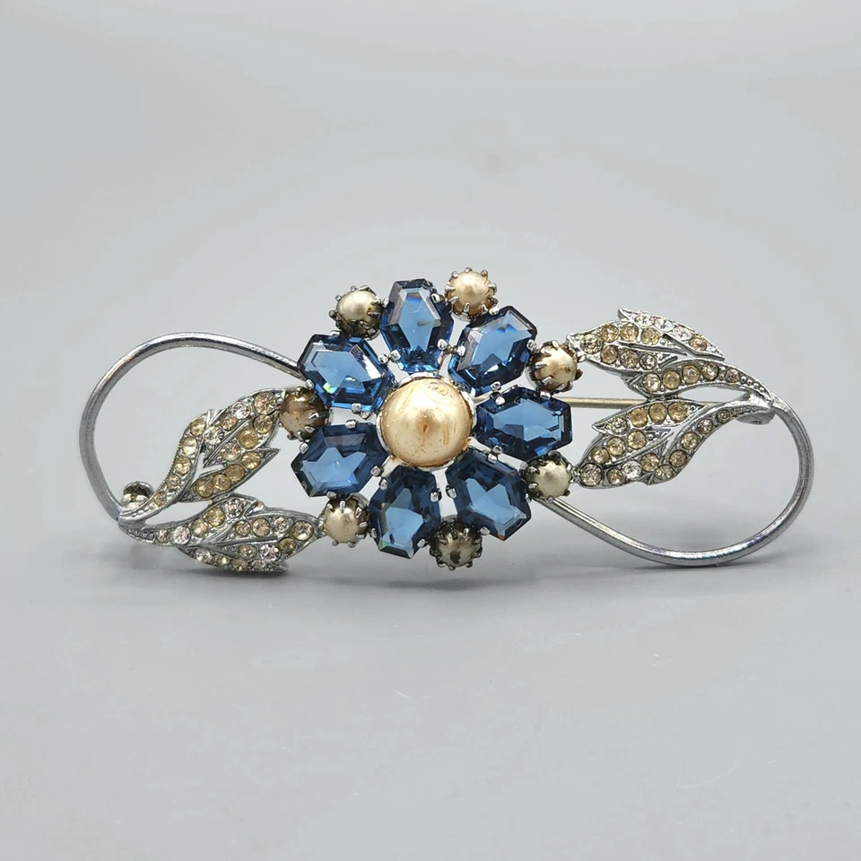 Unsigned Designer Blue Coffin Rhinestone Faux Pearl Rhodium Plate Flower Brooch - Image 3 of 4