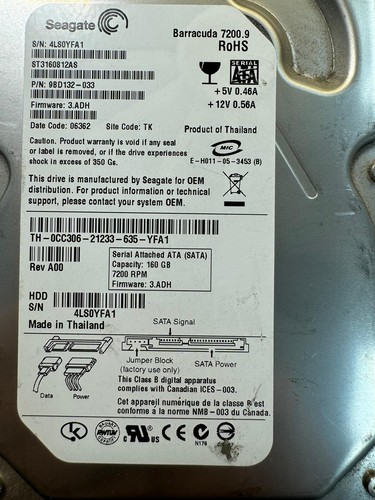 SEAGATE ST3160812AS 9BD132-033 160GB Firmware 3.ADH Code 06362 SATA 3.5" HDD - Picture 2 of 6