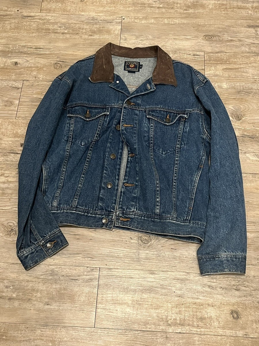 VTG Chaps Ralph Lauren Blue Denim Jacket Leather Collar Deadstock