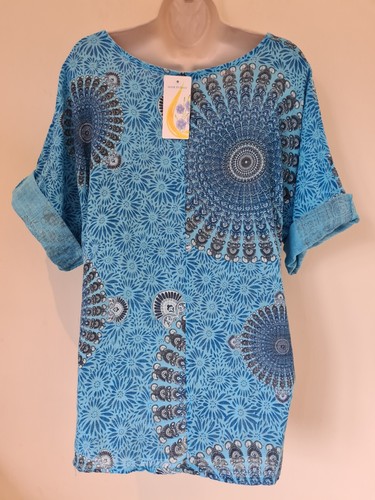 Made In Italy Blue Mandala print short sleeve cotton Tunic Top One Size 16-20 - Picture 5 of 5