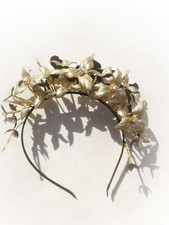 Gold Leather Headband, Wedding Floral Headpice, Leather Crystal Crown