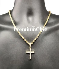 Iced Cross Pendant with 5MM Rope Chain Necklace Mens Hip Hop Plated CZ Jewelry