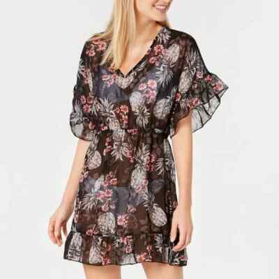 Miken Ruffled Floral Print Swimsuit Cover-up Juniors Size Large Black Sheer NEW
