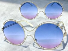 Exaggerated Vintage Retro Style SUNGLASSES Large Round Silver Frame Blue Lens