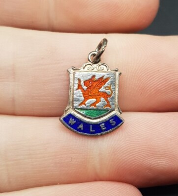 WALES - Vintage Sterling 925 Silber Reiseanhänger Schild emailliert Anhänger Charm 
