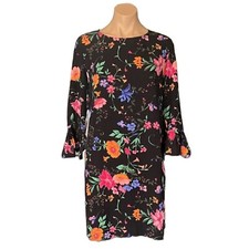 Old Navy Size Medium Black Floral Botanical Shift Dress Ruffle 3/4 Bell Sleeves