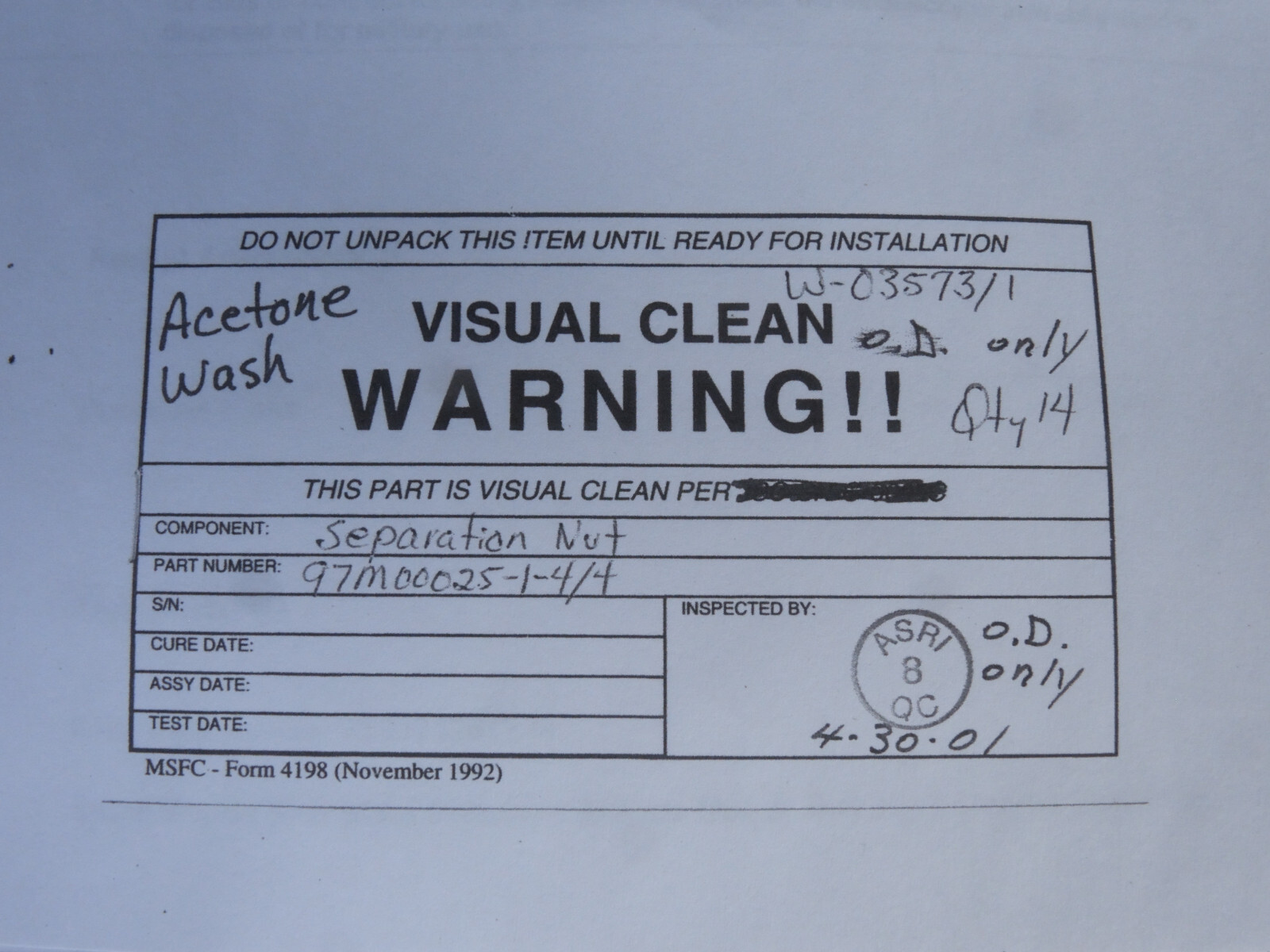 Space Shuttle SRB Main Parachute Bolt  also for X-38 Deorbit Propulsion Stage