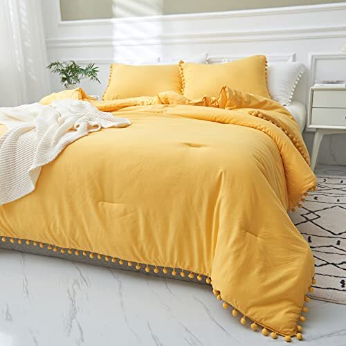 Fringe Comforter Set - 3 Pieces, Extra Soft Washed Microfiber Queen Yellow