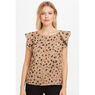 Attention Womens Leopard Floral Flutter Sleeve Blouse Tan Multi Color Size M