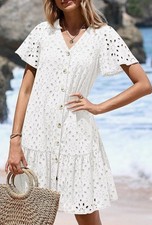 KIRUNDO Eyelet Boho Babydoll Dress Button Down With Pockets Large NWT