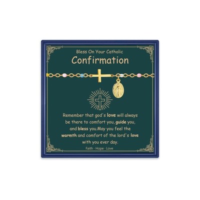 Catholic Virgin Mary Cross Bracelet for Women, 14K Gold Plated Rosary Beads C...